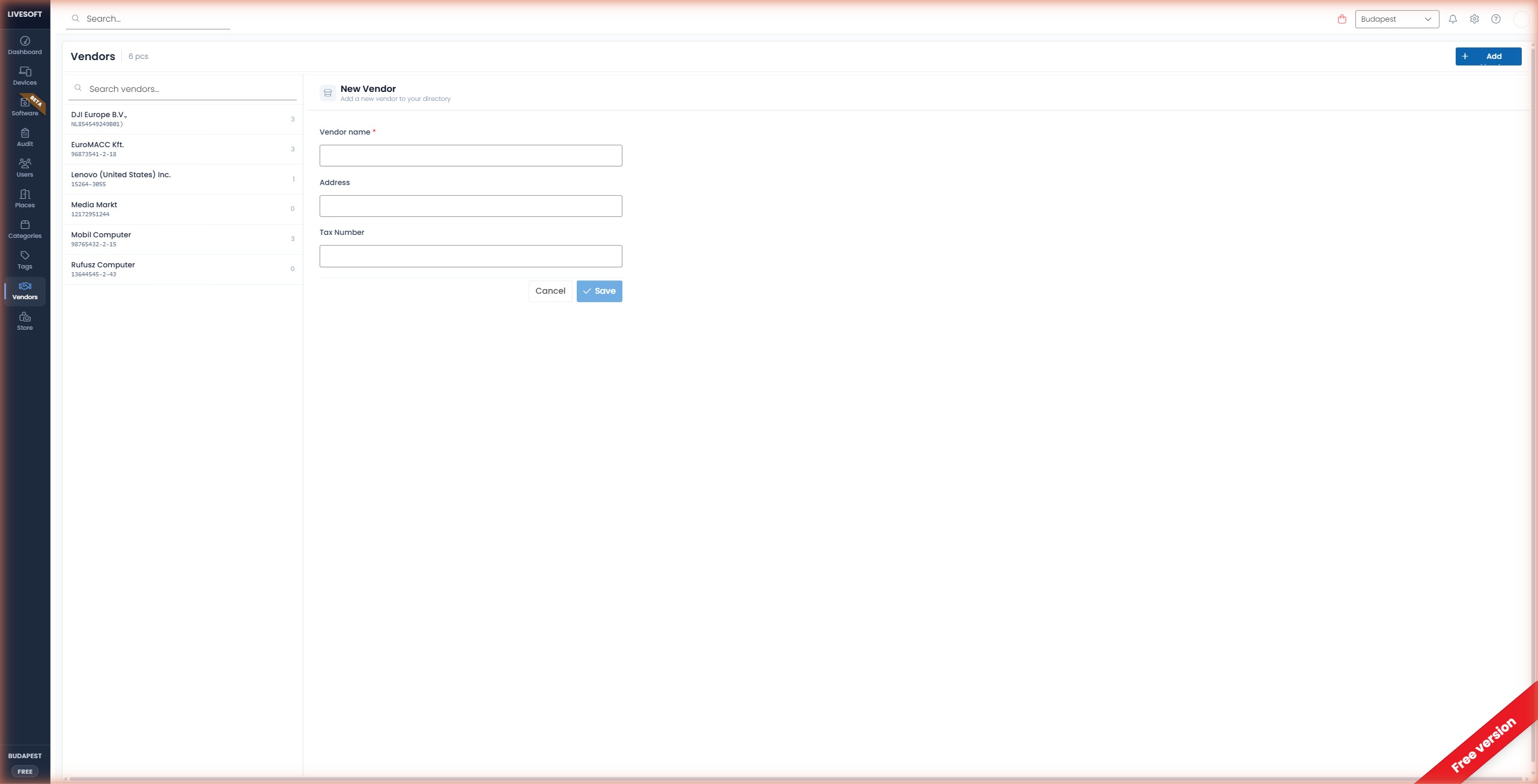 New Vendor form