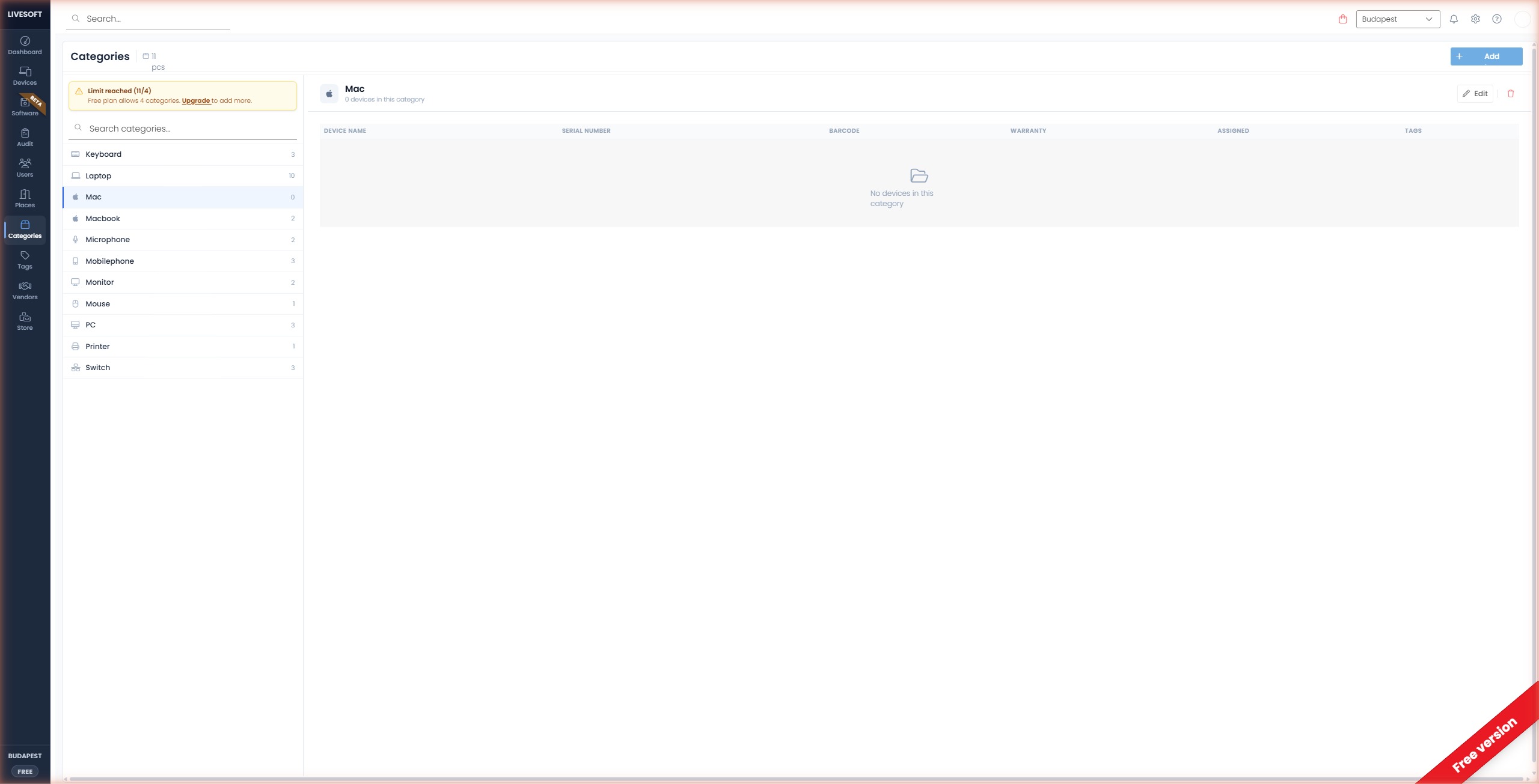 Delete bin icon on the category detail pane