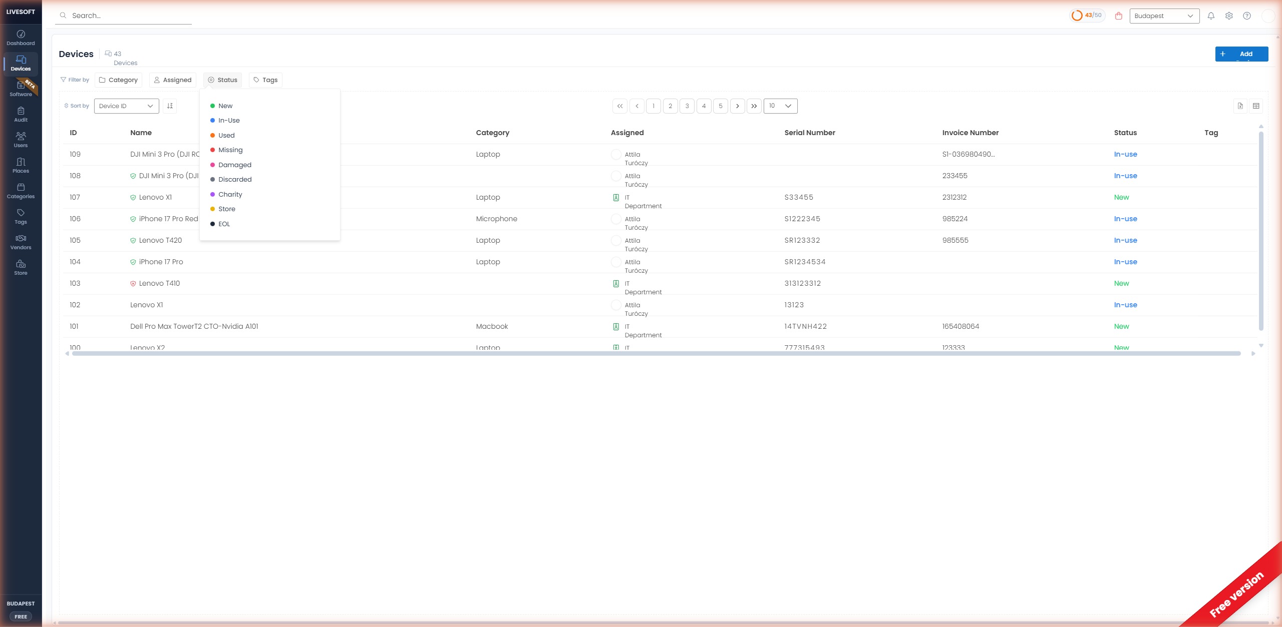 Status filter dropdown with all options