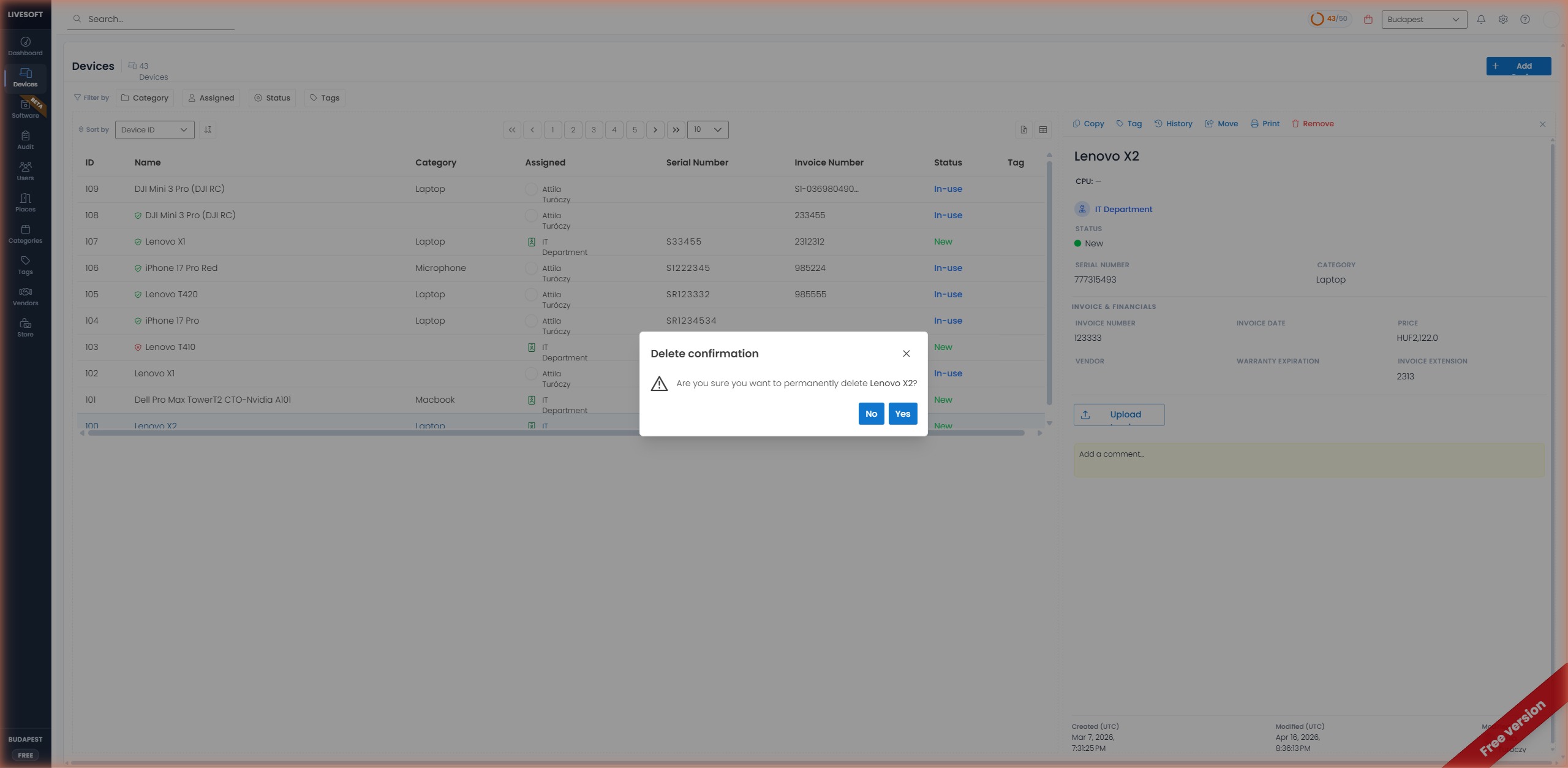 Delete confirmation popup