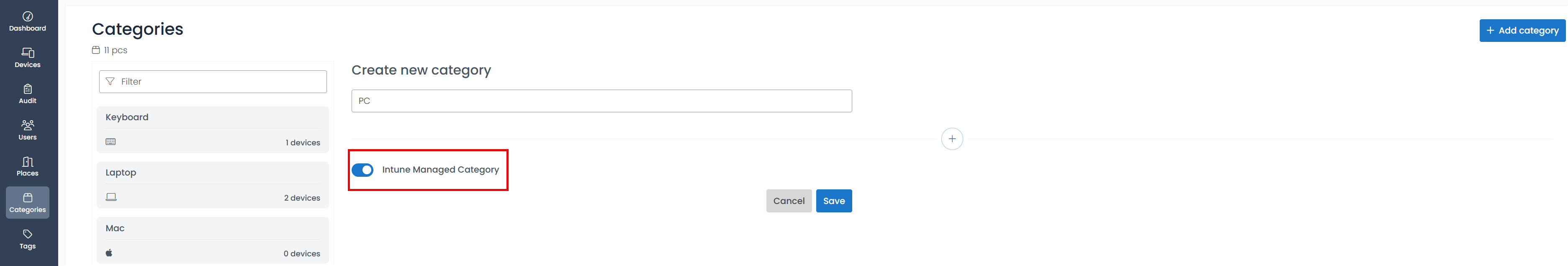 intune in categories menu
