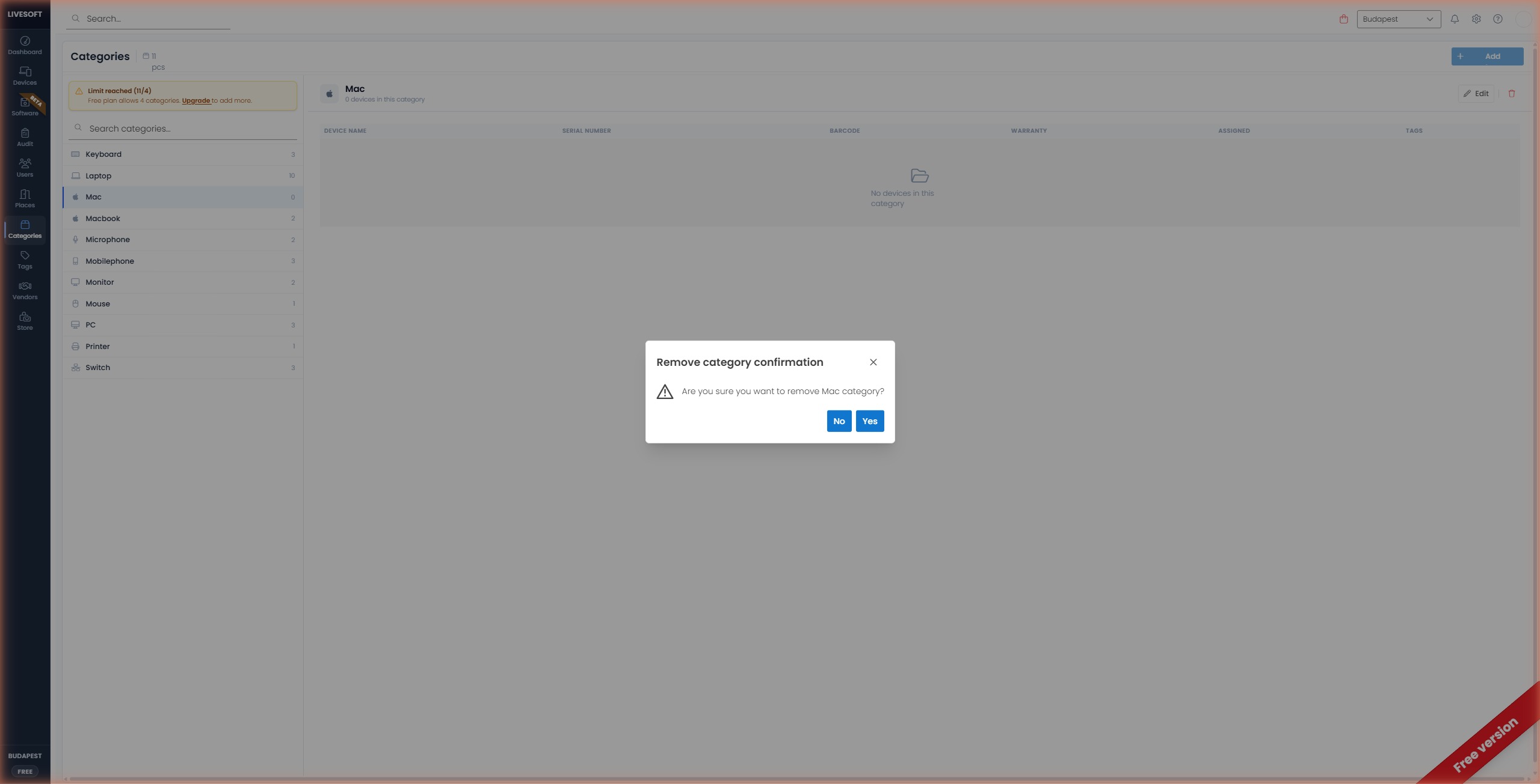 Remove category confirmation dialog