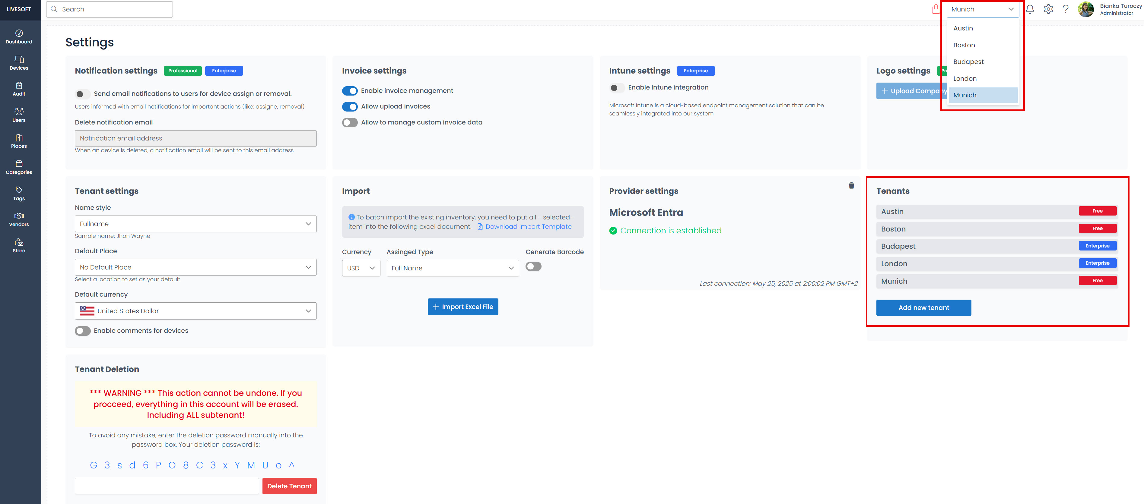 tenant drop-down menu