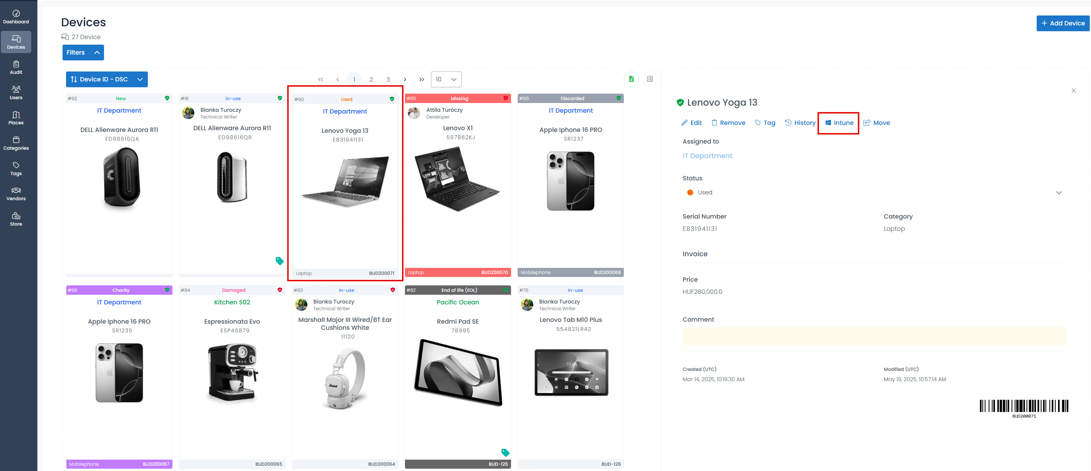 intune display on devices menu
