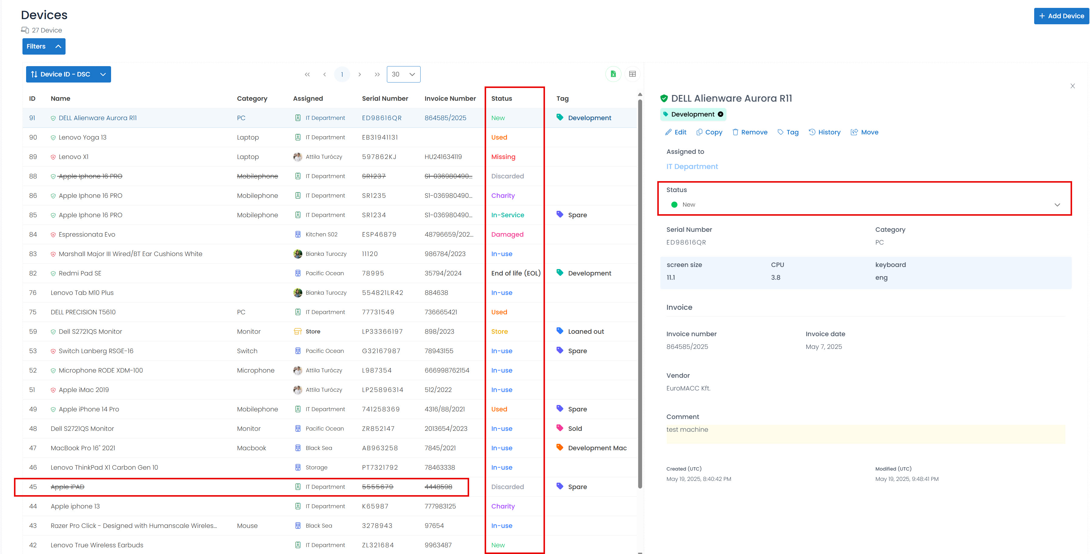 status display in list