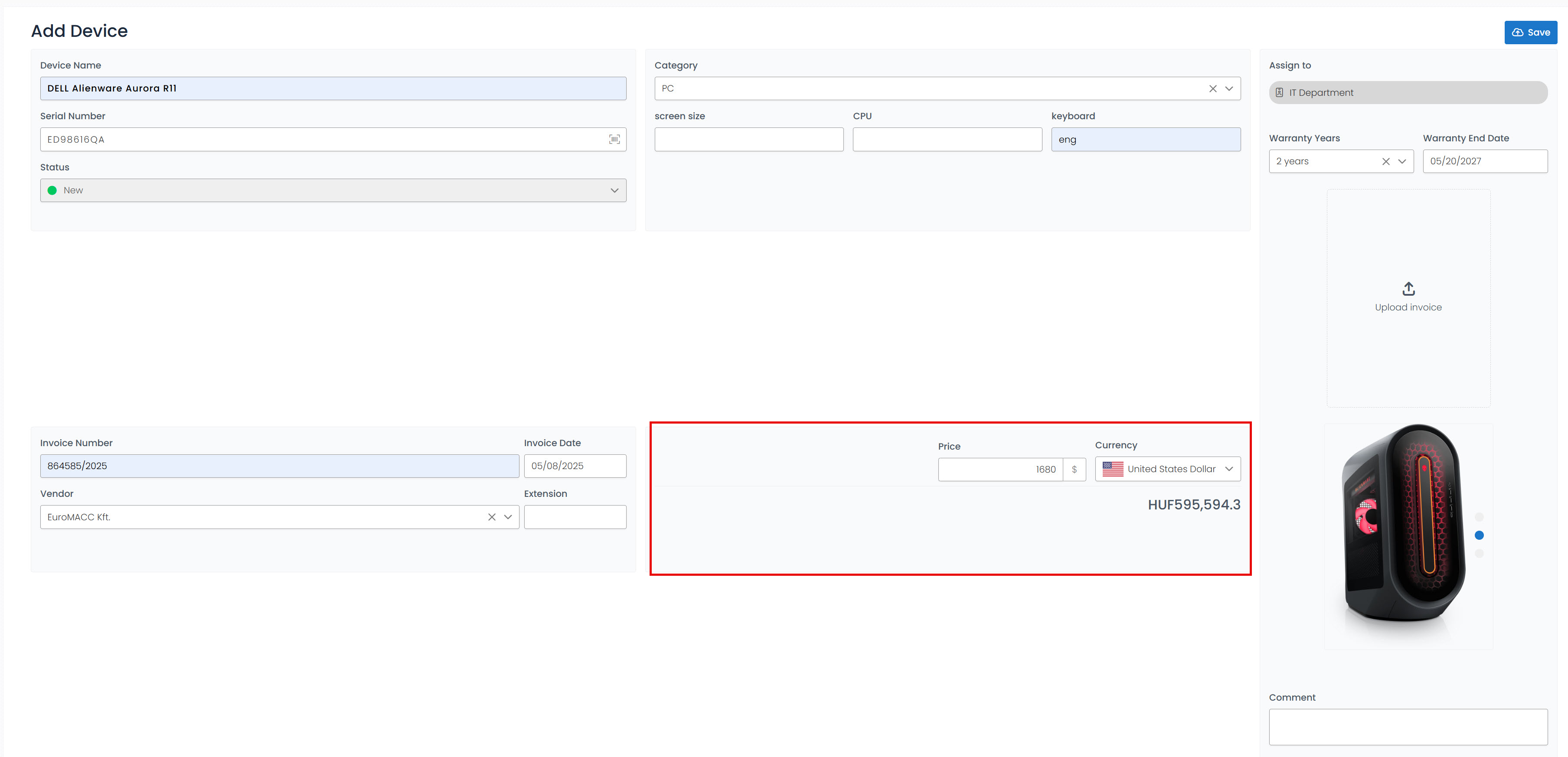 default currency display on Devices page