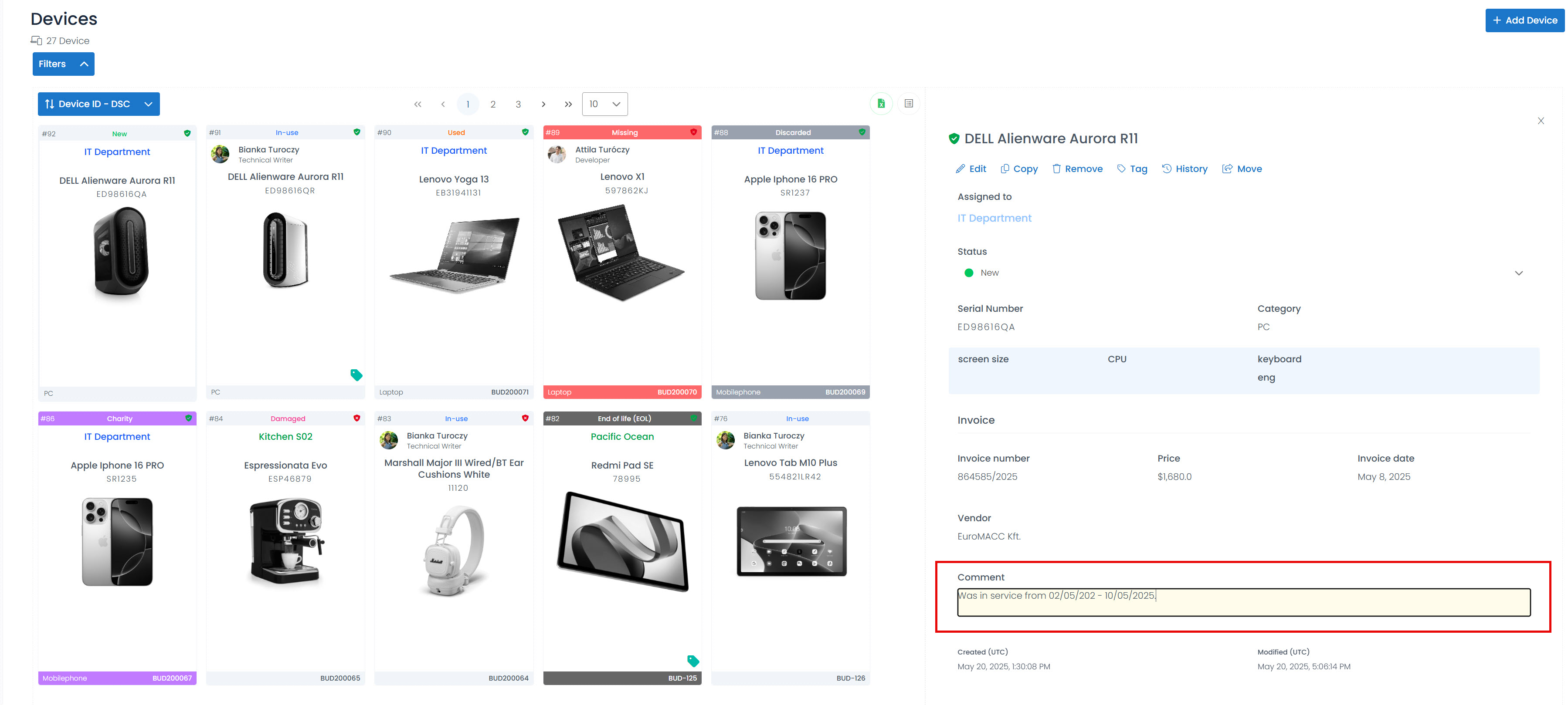 comment display on devices page